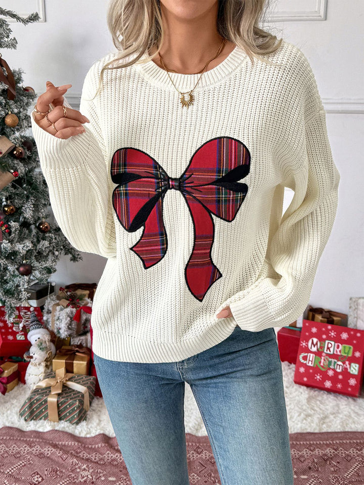 White 1980s Christmas Plaid Bow Round Neck Sweater - vintage fashion, style, pure white