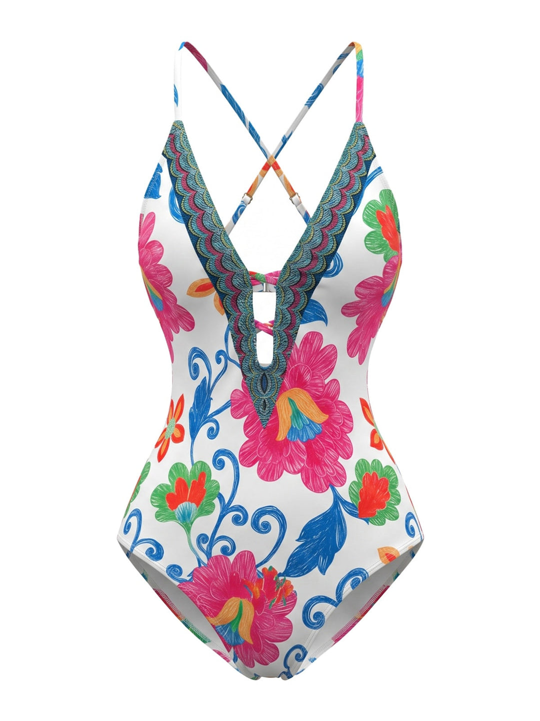 White Floral Crisscross Halter Deep-V One Piece Swimsuit, vintage swimsuit, swimwear - perfect for women who love vintage and retro fashion
