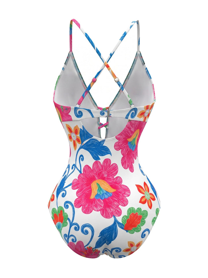 White Floral Crisscross Halter Deep-V One Piece Swimsuit, vintage swimsuit, swimwear - perfect for women who love vintage and retro fashion