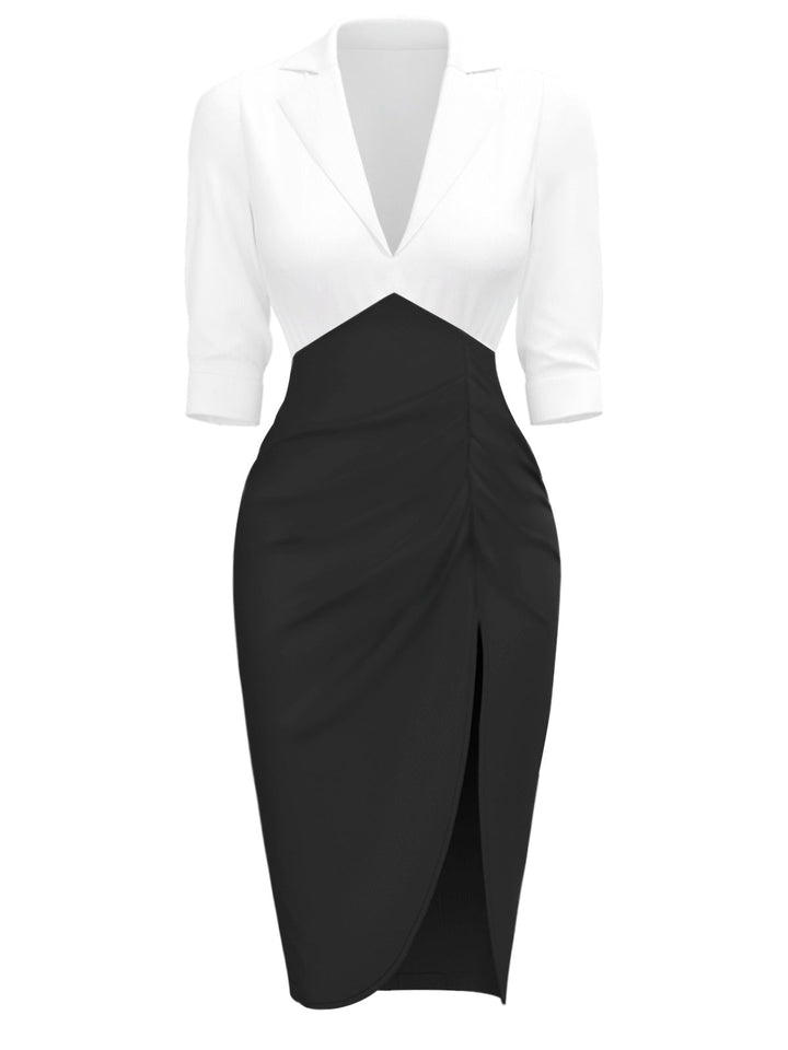 She slips into this White &amp; Black 1960s Notched Collar Ruched Bodycon Dress and suddenly it&