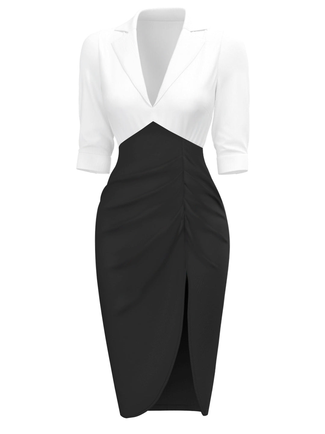 White &amp; Black 1960s Notched Collar Ruched Bodycon Dress: where 1960s romance meets her modern spirit
