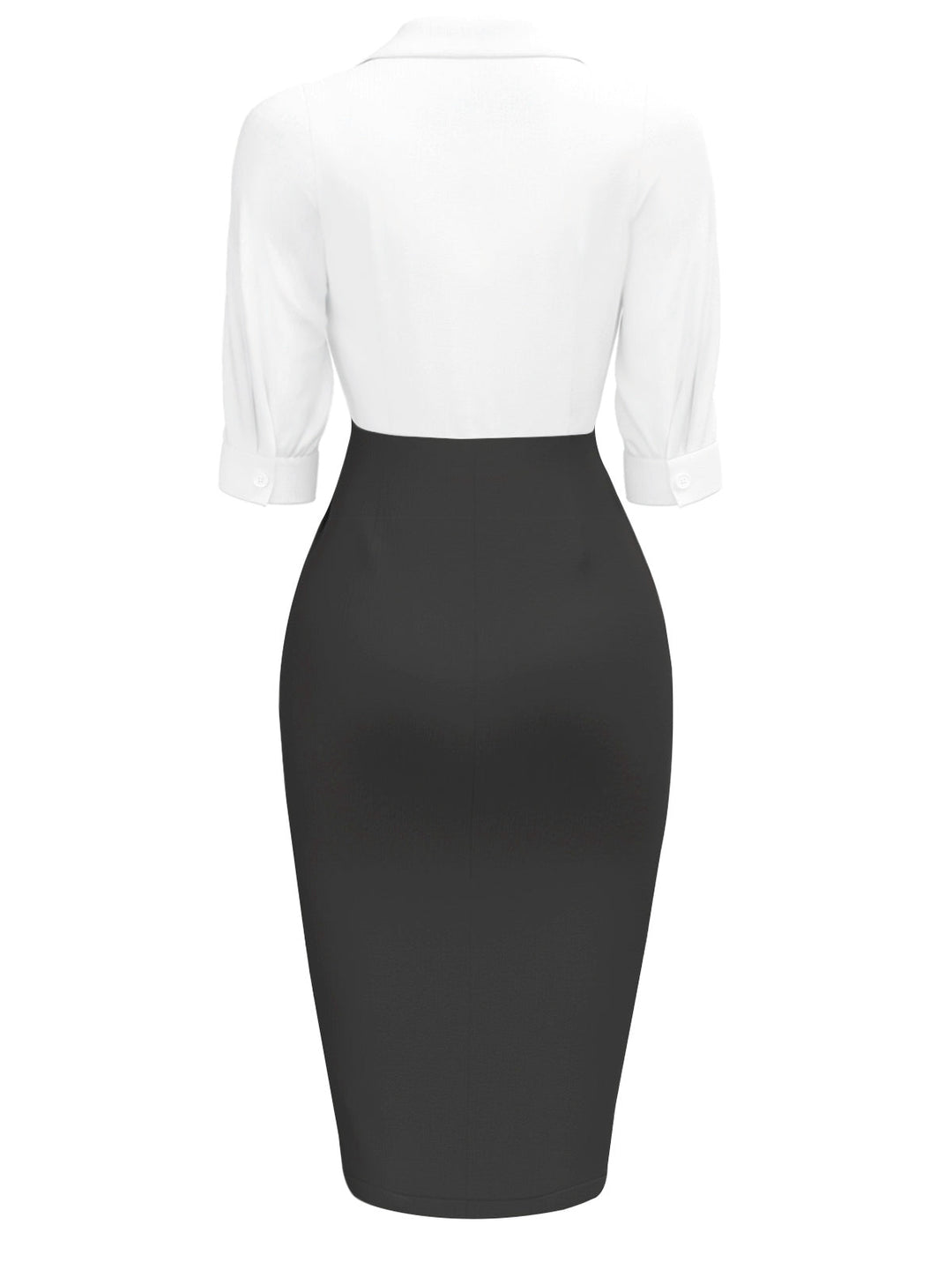 This White &amp; Black 1960s Notched Collar Ruched Bodycon Dress wraps her in 1960s elegance, one twirl at a time
