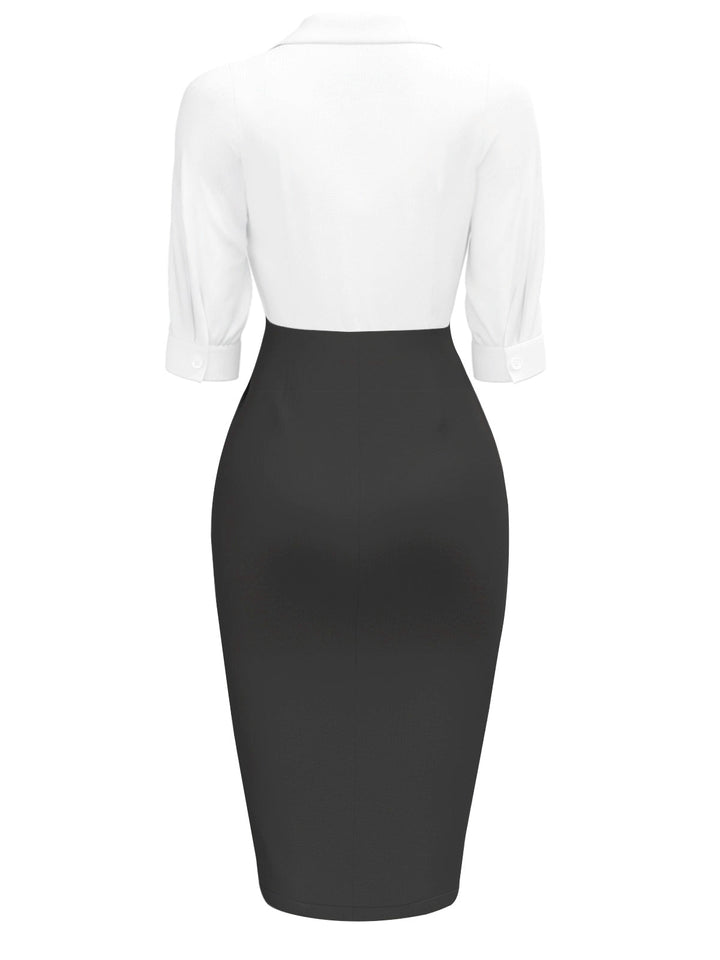 This White &amp; Black 1960s Notched Collar Ruched Bodycon Dress wraps her in 1960s elegance, one twirl at a time
