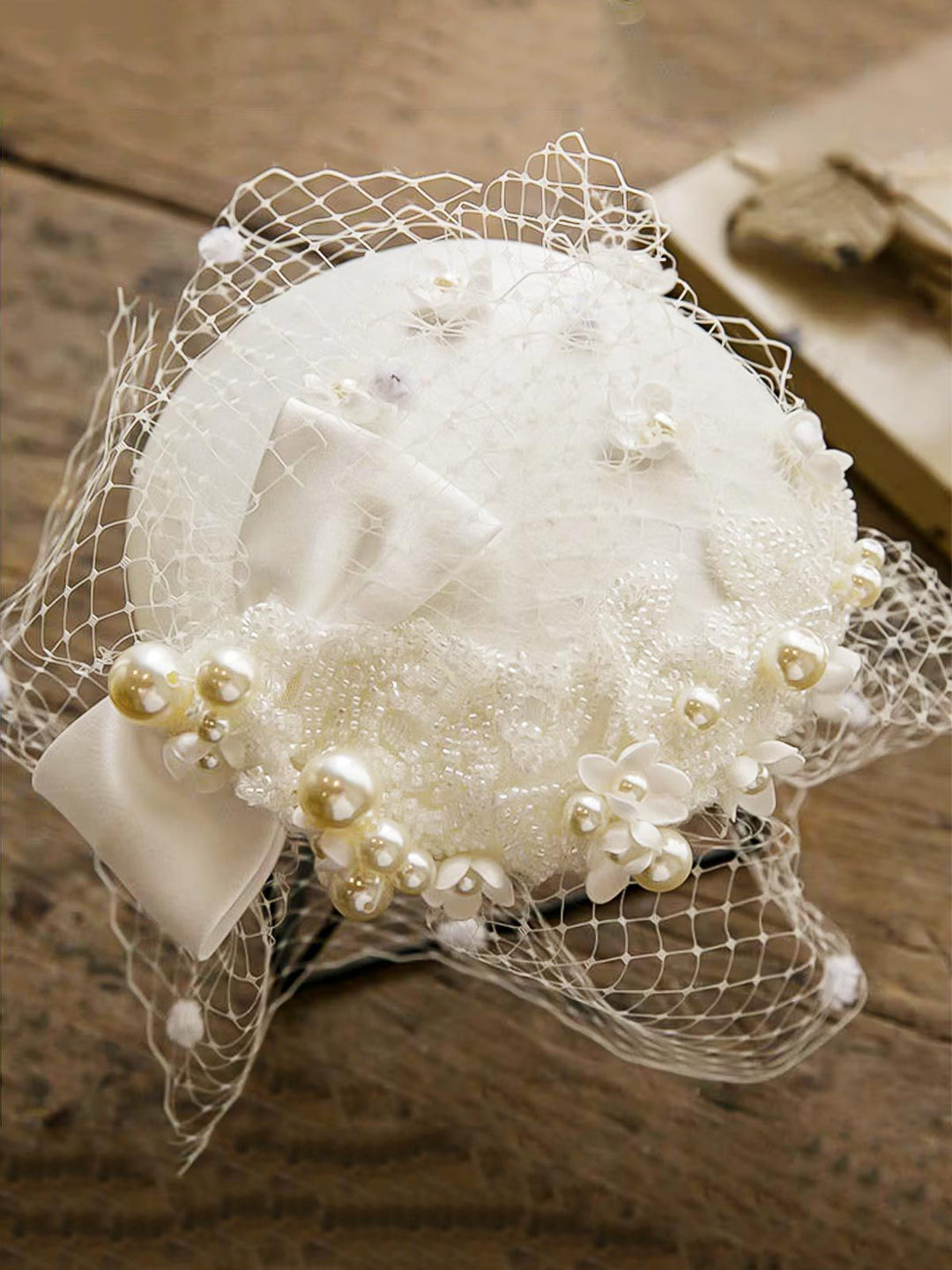 White Pearl Mesh Bow Vintage Hat - vintage fashion, retro style, pure white
