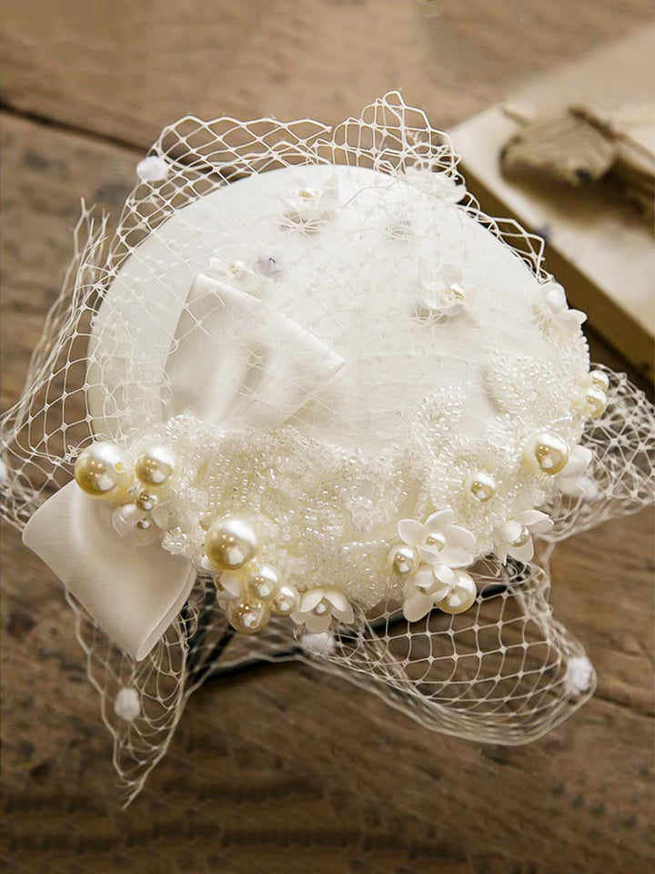 White Pearl Mesh Bow Vintage Hat - vintage fashion, retro style, pure white