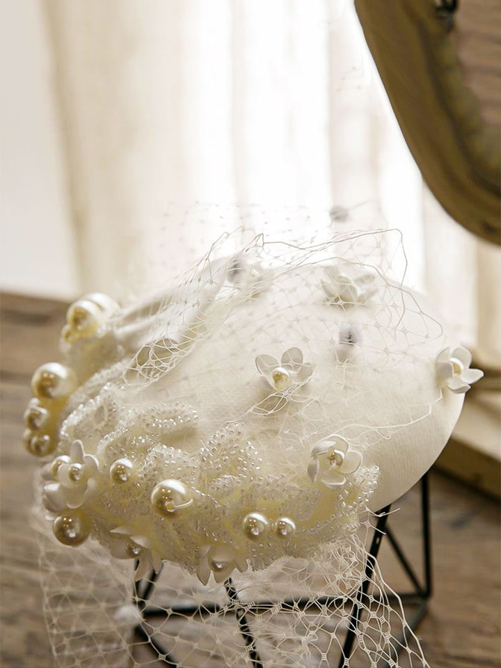 White Pearl Mesh Bow Vintage Hat, vintage fashion, retro style - perfect for women who love vintage and retro fashion