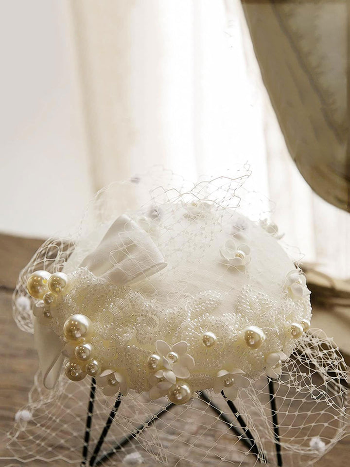 White Pearl Mesh Bow Vintage Hat, vintage fashion, retro style - perfect for women who love vintage and retro fashion