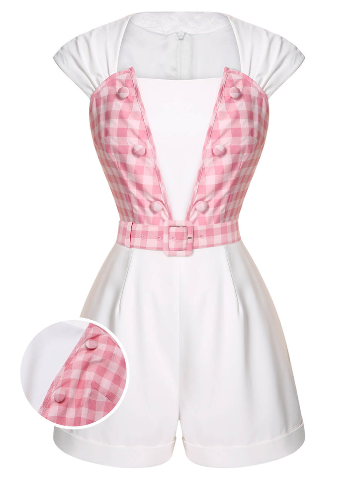 White &amp; Pink 1950s Plaid Romper With Belt, vintage romper, retro jumpsuit - perfect for women who love vintage and retro fashion