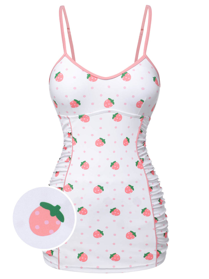 White &amp; Pink 1950s Strawberry Pleated Swimsuit, vintage swimsuit, pin-up swimwear - perfect for women who love vintage and retro fashion