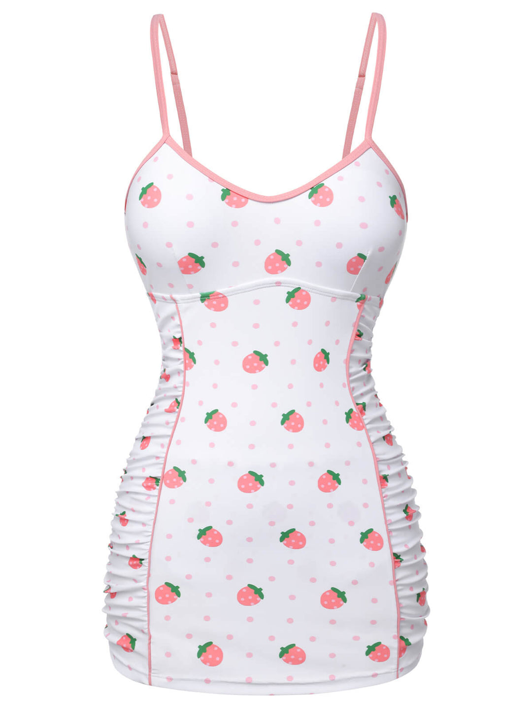 White &amp; Pink 1950s Strawberry Pleated Swimsuit, vintage swimsuit, pin-up swimwear - perfect for women who love vintage and retro fashion