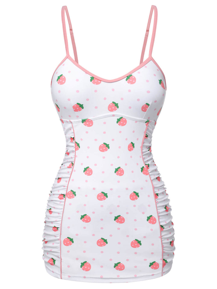 White &amp; Pink 1950s Strawberry Pleated Swimsuit, vintage swimsuit, pin-up swimwear - perfect for women who love vintage and retro fashion