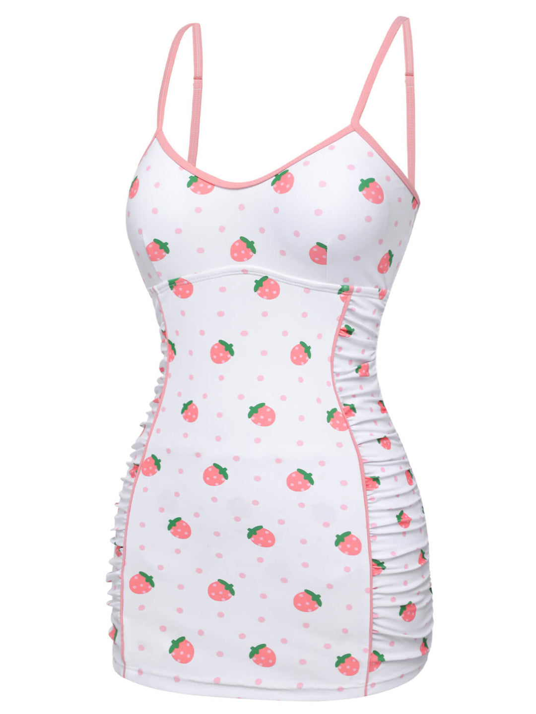 White &amp; Pink 1950s Strawberry Pleated Swimsuit, vintage swimsuit, pin-up swimwear - perfect for women who love vintage and retro fashion