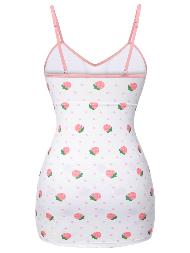 White &amp; Pink 1950s Strawberry Pleated Swimsuit, vintage swimsuit, pin-up swimwear - perfect for women who love vintage and retro fashion