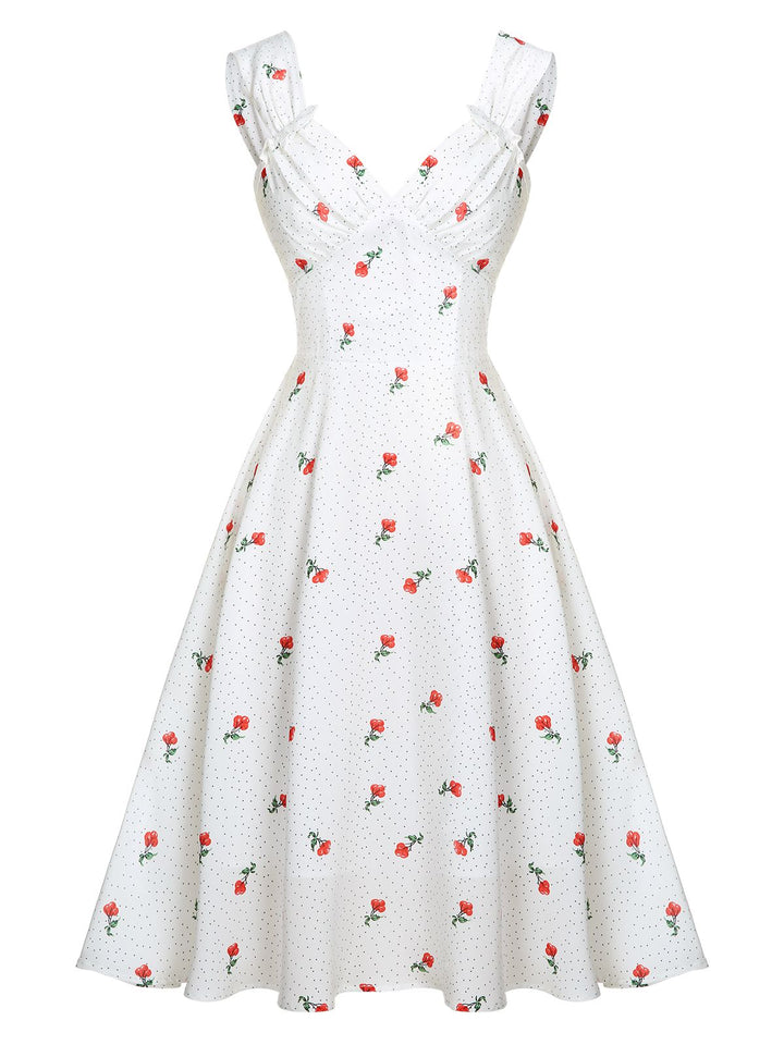 White Satin-faux Cherry Polka Dot Dress, vintage dress, retro fashion - perfect for women who love vintage and retro fashion
