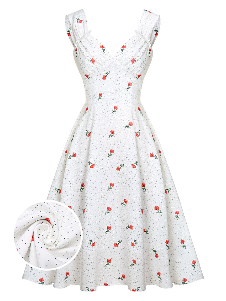White Satin-faux Cherry Polka Dot Dress, vintage dress, retro fashion - perfect for women who love vintage and retro fashion