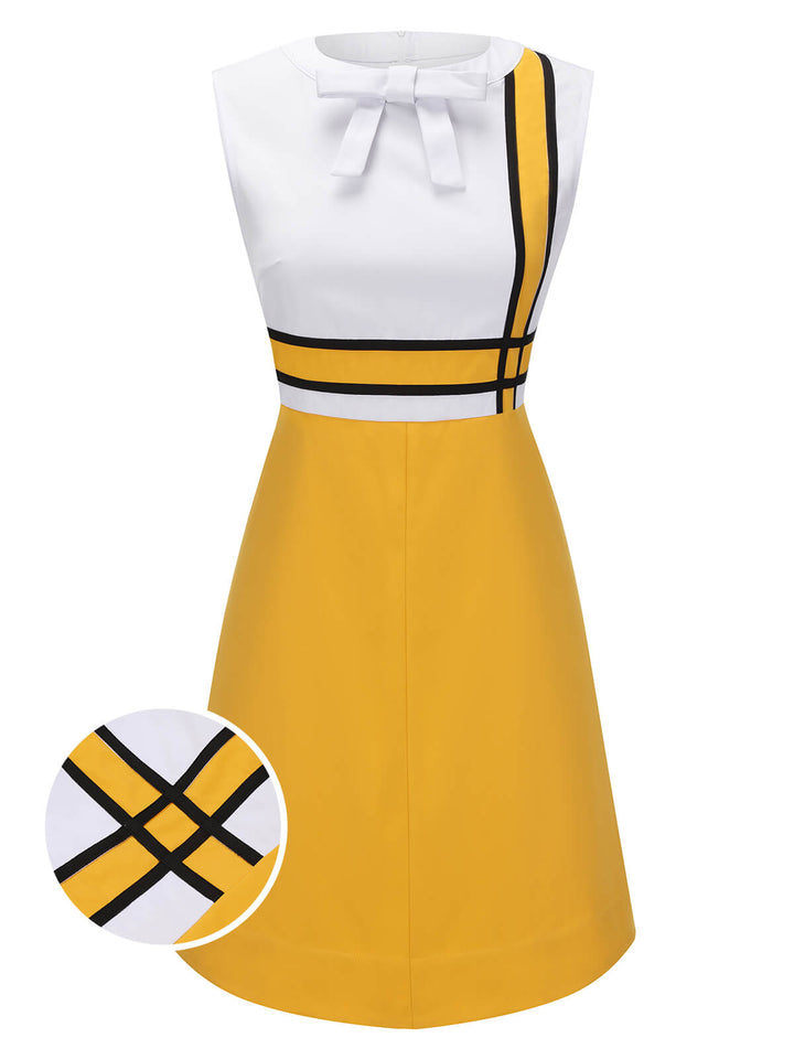 White &amp; Yellow 1960s Bowknot Patchwork Dress, vintage dress, retro fashion - perfect for women who love vintage and retro fashion