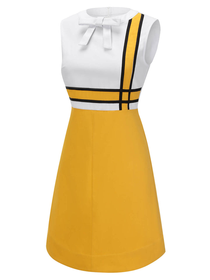 White &amp; Yellow 1960s Bowknot Patchwork Dress, vintage dress, retro fashion - perfect for women who love vintage and retro fashion