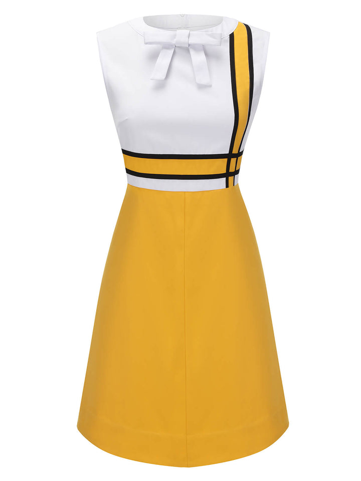 White &amp; Yellow 1960s Bowknot Patchwork Dress, vintage dress, retro fashion - perfect for women who love vintage and retro fashion