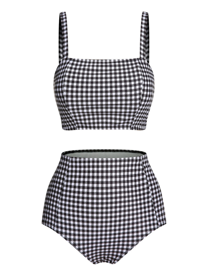 White&amp;Black 1940s Plaid Suspenders Swimsuit — vintage elegance for the modern woman