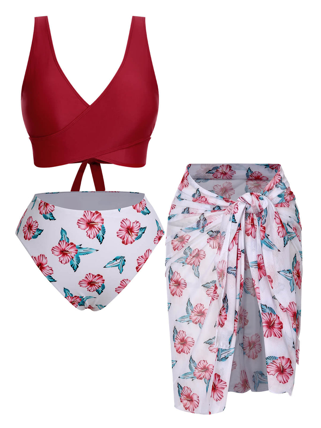 [Plus Size] Wine Red 1930s Floral Bikini Set &amp; Cover-Up, vintage swimsuit, pin-up swimwear - perfect for women who love vintage and retro fashion