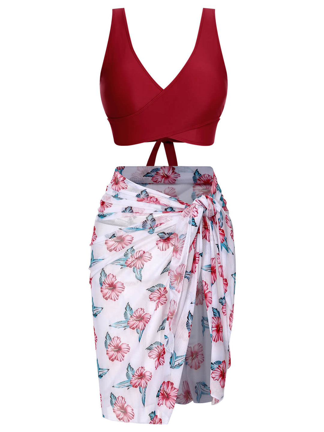 [Plus Size] Wine Red 1930s Floral Bikini Set &amp; Cover-Up, vintage swimsuit, pin-up swimwear - perfect for women who love vintage and retro fashion