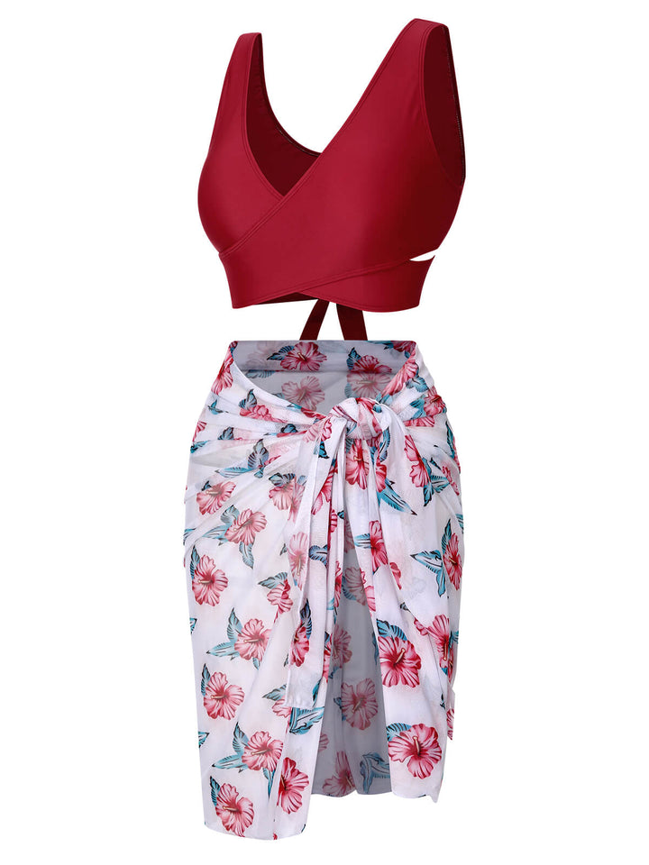 [Plus Size] Wine Red 1930s Floral Bikini Set &amp; Cover-Up, vintage swimsuit, pin-up swimwear - perfect for women who love vintage and retro fashion