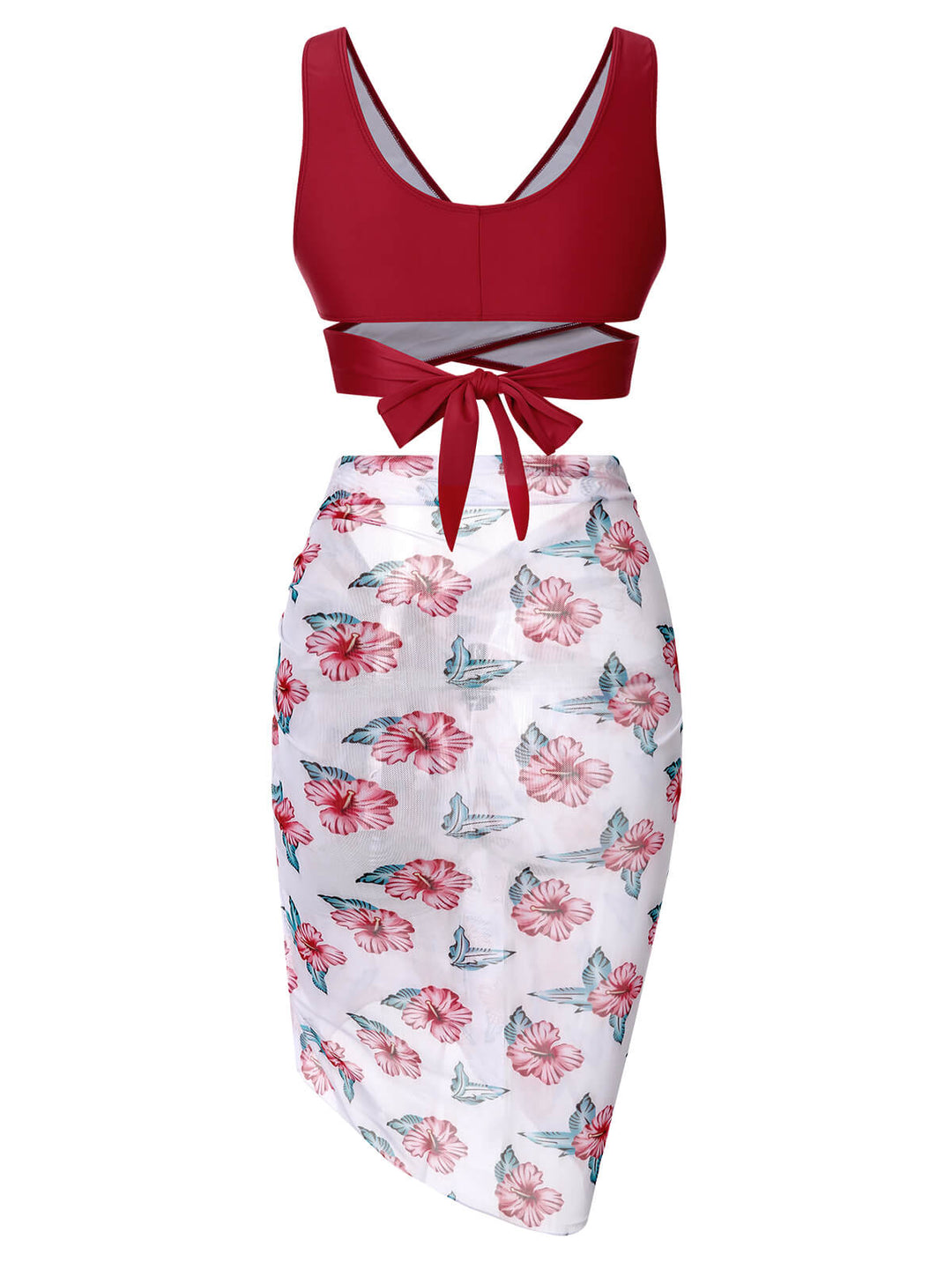 [Plus Size] Wine Red 1930s Floral Bikini Set &amp; Cover-Up, vintage swimsuit, pin-up swimwear - perfect for women who love vintage and retro fashion