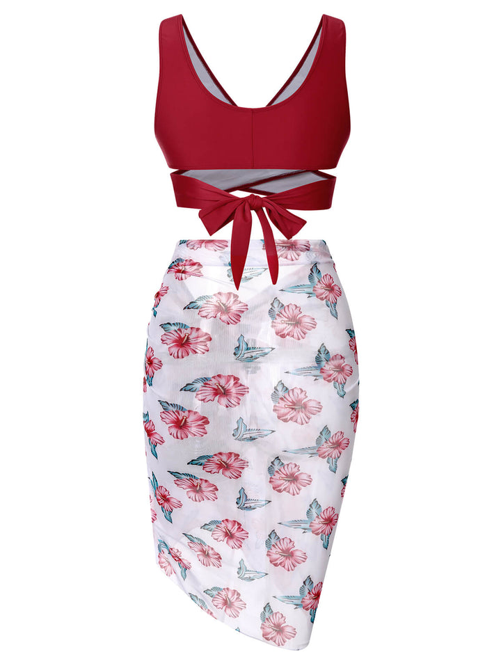 [Plus Size] Wine Red 1930s Floral Bikini Set &amp; Cover-Up, vintage swimsuit, pin-up swimwear - perfect for women who love vintage and retro fashion