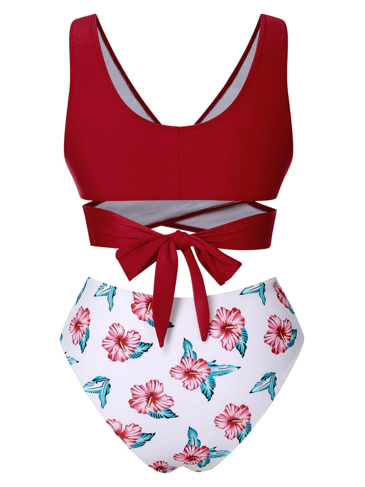 Wine Red 1930s Floral Bikini Set &amp; Cover-Up: 1930s Riviera elegance, reimagined for her