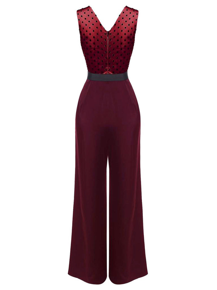 Wine Red 1930s Polka Dot Belt Jumpsuit — vintage elegance for the modern woman