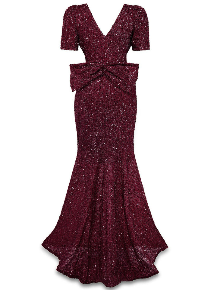 Wine Red 1930s Sequin Bow Maxi Mermaid Dress - vintage dress, retro fashion, elegant red
