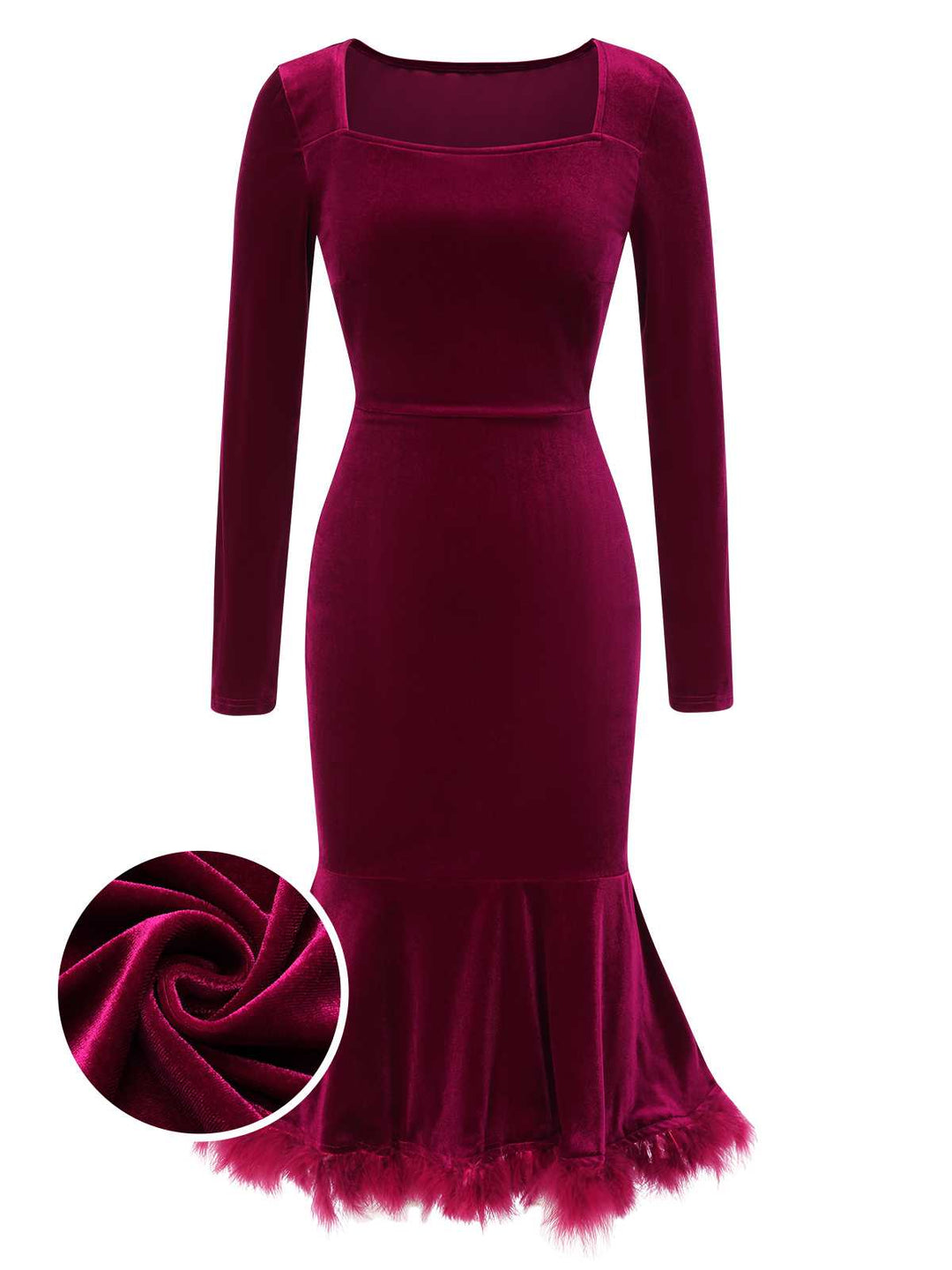 She slips into this Wine Red 1930s Squared Neck Velvet Mermaid Dress and suddenly it&