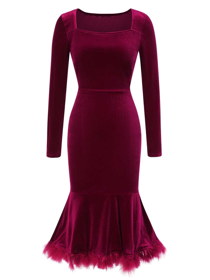 Wine Red 1930s Squared Neck Velvet Mermaid Dress: where 1930s romance meets her modern spirit