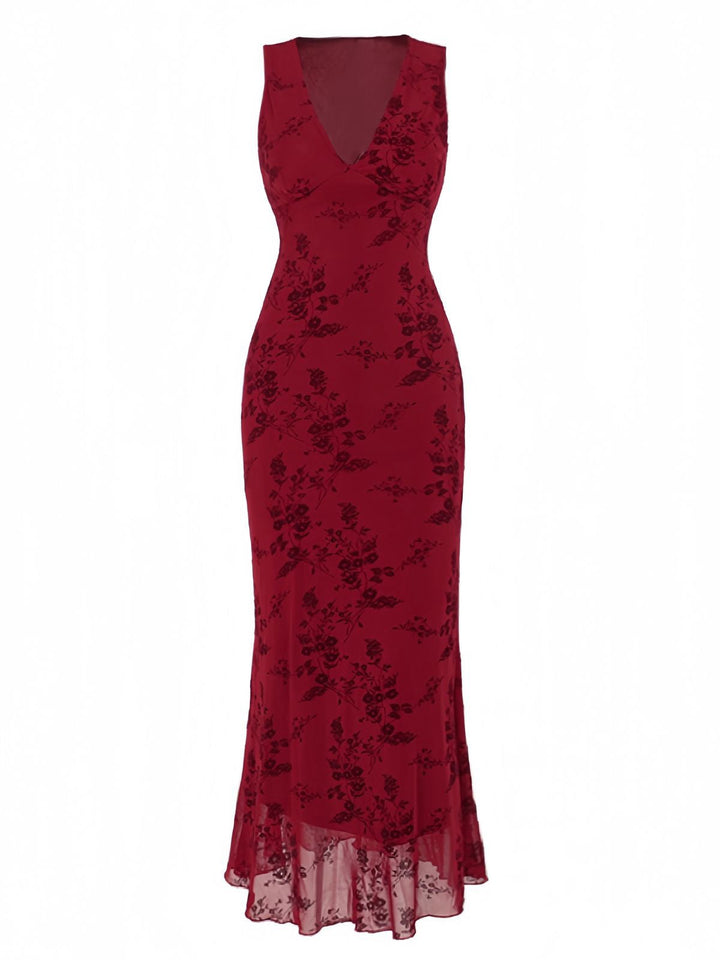 Wine Red 1930s V-Neck Floral Mesh Dress - vintage dress, retro fashion, elegant red