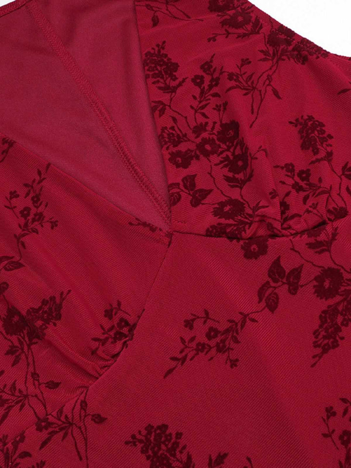 Wine Red 1930s V-Neck Floral Mesh Dress - vintage dress, retro fashion, elegant red