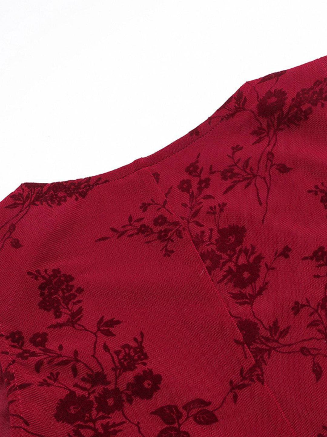 Wine Red 1930s V-Neck Floral Mesh Dress - vintage dress, retro fashion, elegant red