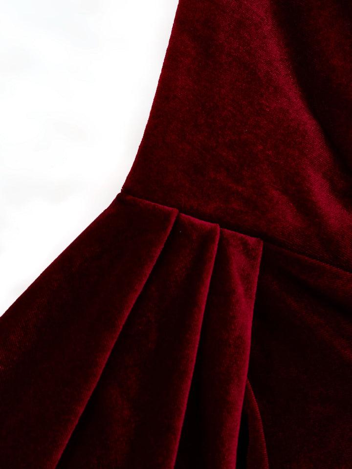 Wine Red 1930s Velvet Ruffled Hem Dress - vintage dress, retro fashion, elegant red