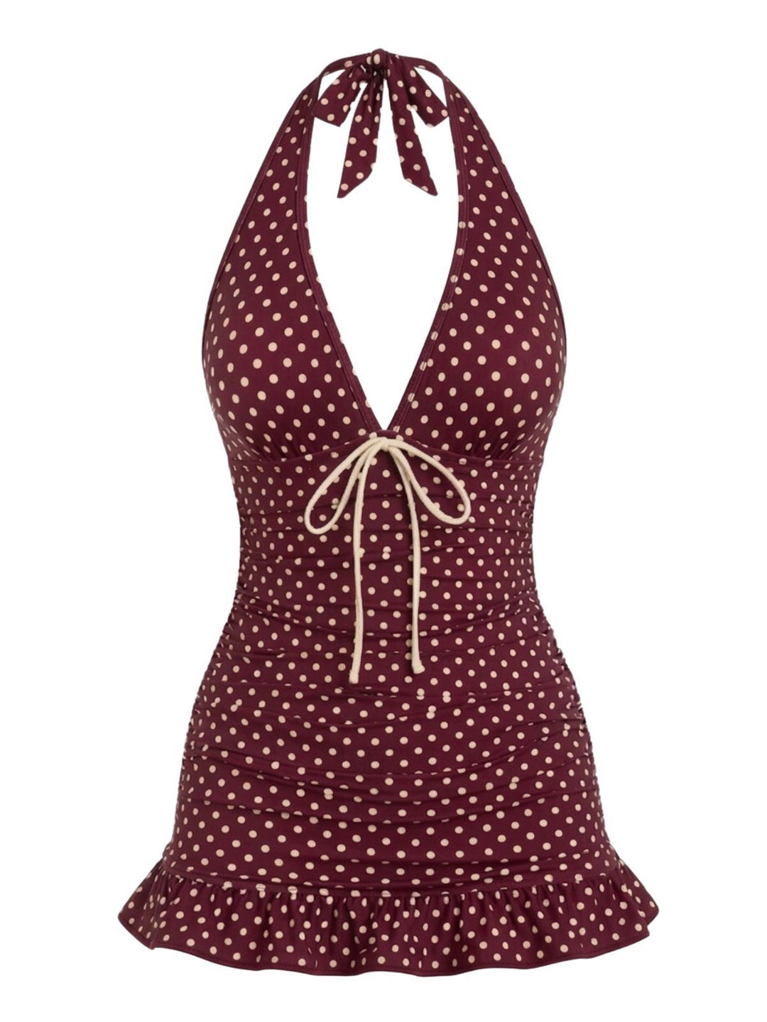 Wine Red Bow Polka Dot Halter Ruched Swimdress, vintage dress, retro fashion, women, elegant