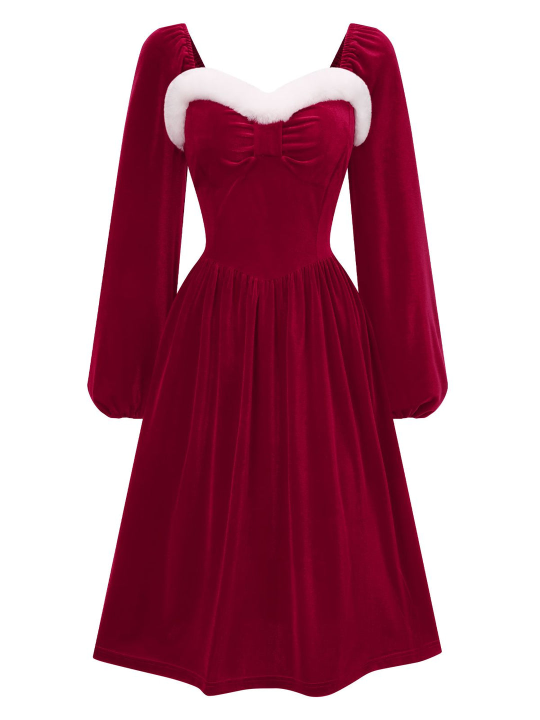 Wine Red 1940s Christmas Fur Collar Solid Dress, vintage dress, retro fashion - perfect for women who love vintage and retro fashion