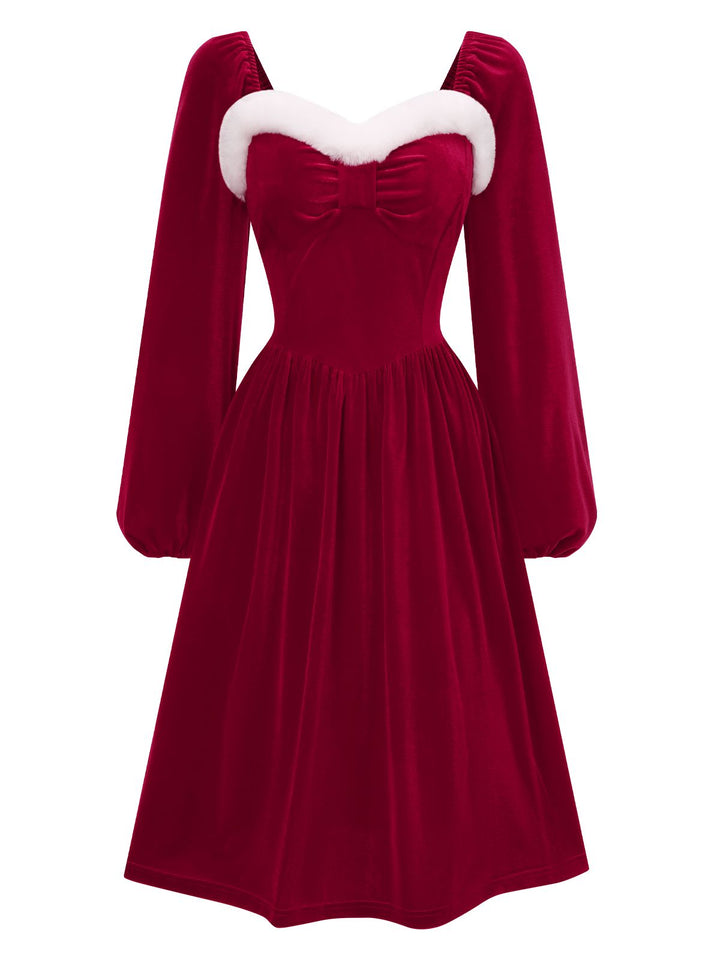 Wine Red 1940s Christmas Fur Collar Solid Dress, vintage dress, retro fashion - perfect for women who love vintage and retro fashion