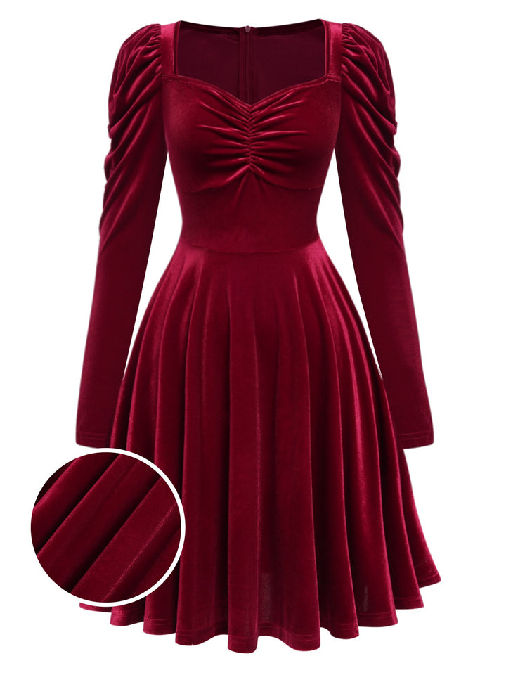 She slips into this Wine Red 1940s Solid Velvet Puff Dress and suddenly it&