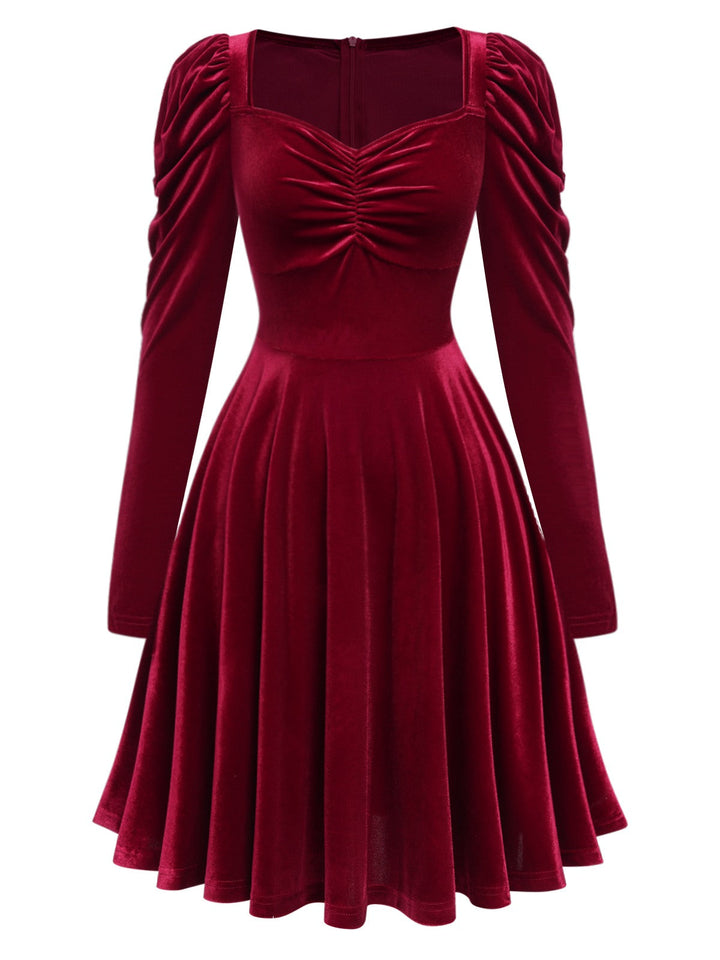 Wine Red 1940s Solid Velvet Puff Dress, vintage dress, retro fashion - perfect for women who love vintage and retro fashion