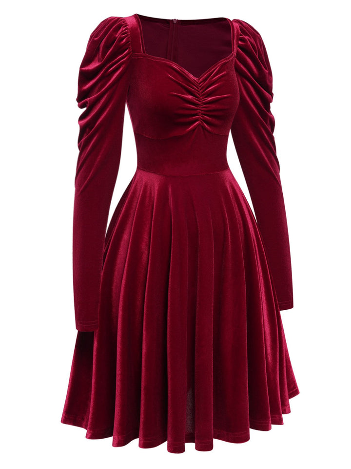 Wine Red 1940s Solid Velvet Puff Dress, vintage dress, retro fashion - perfect for women who love vintage and retro fashion