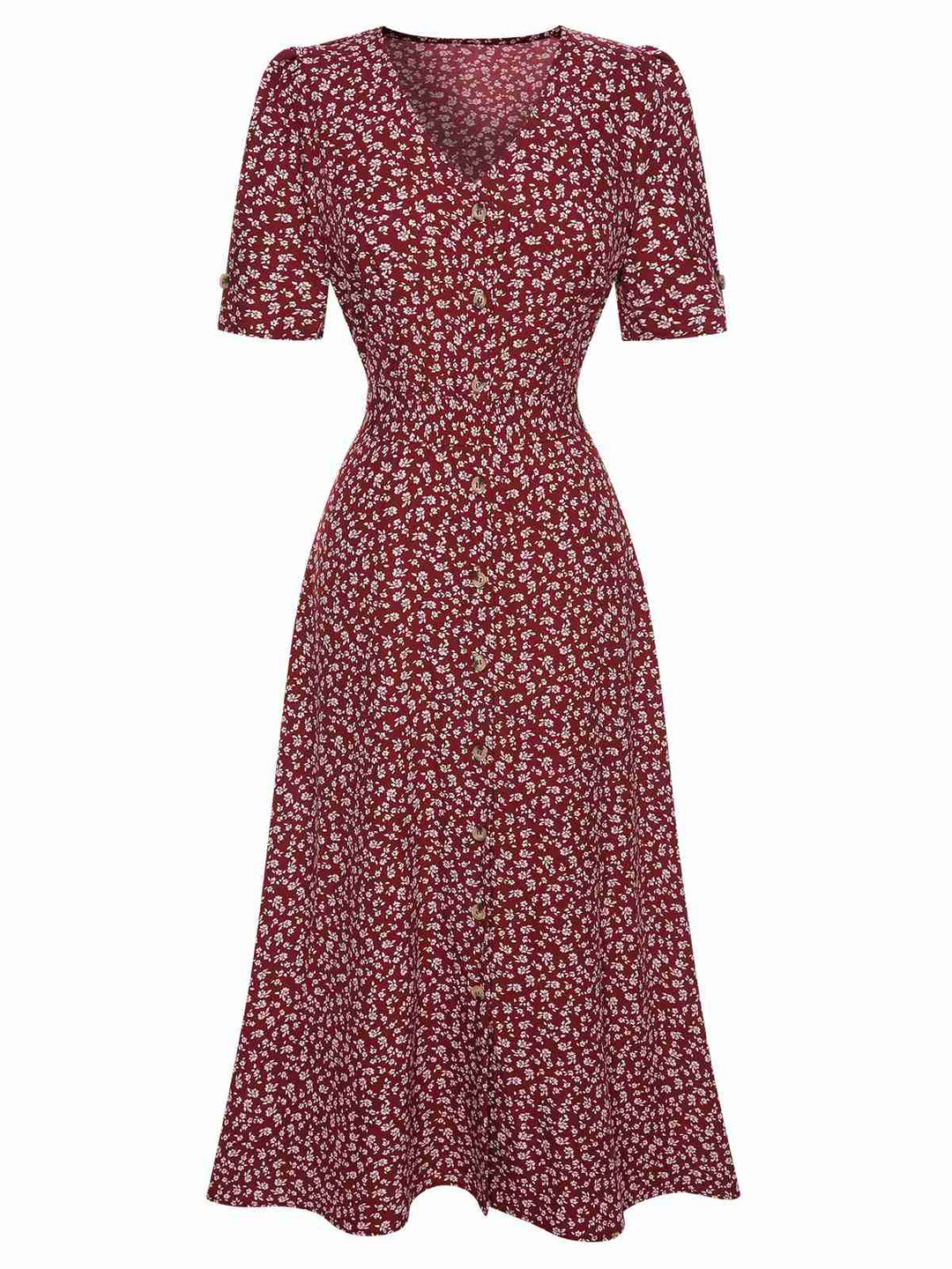 [Pre-Sale] Wine Red 1940s V-Neck Ditsy Floral Dress, vintage dress, retro fashion, floral print - perfect for women who love vintage and retro fashion