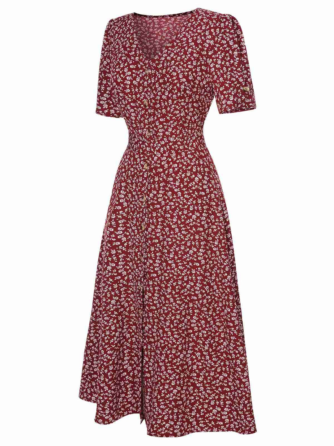 [Pre-Sale] Wine Red 1940s V-Neck Ditsy Floral Dress, vintage dress, retro fashion, floral print - perfect for women who love vintage and retro fashion