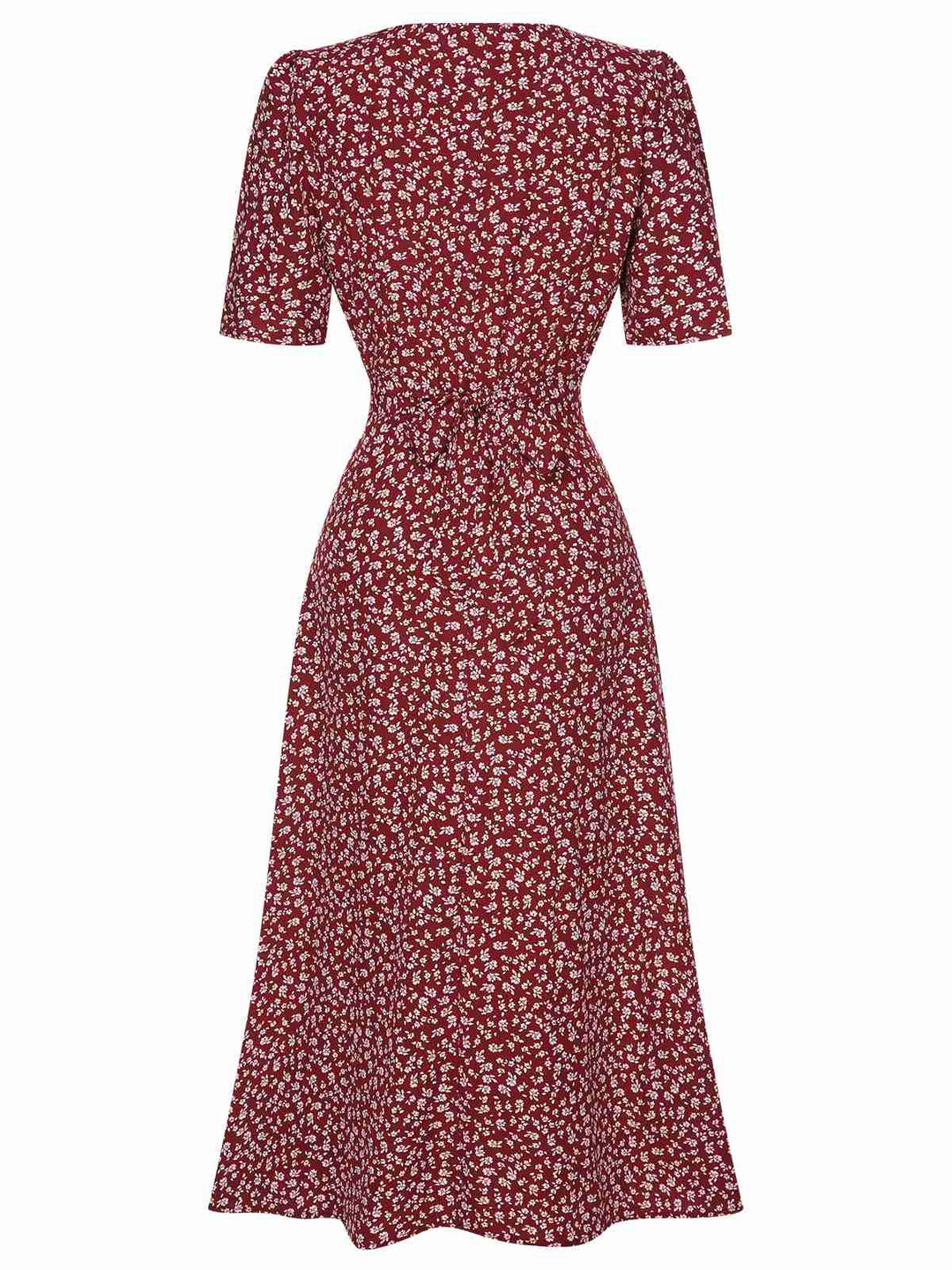[Pre-Sale] Wine Red 1940s V-Neck Ditsy Floral Dress, vintage dress, retro fashion, floral print - perfect for women who love vintage and retro fashion