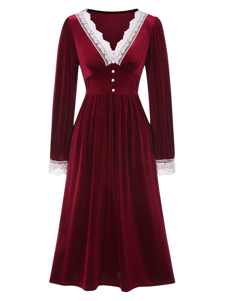She slips into this Wine Red 1940s V-Neck Velvet Lace Dress and suddenly it&