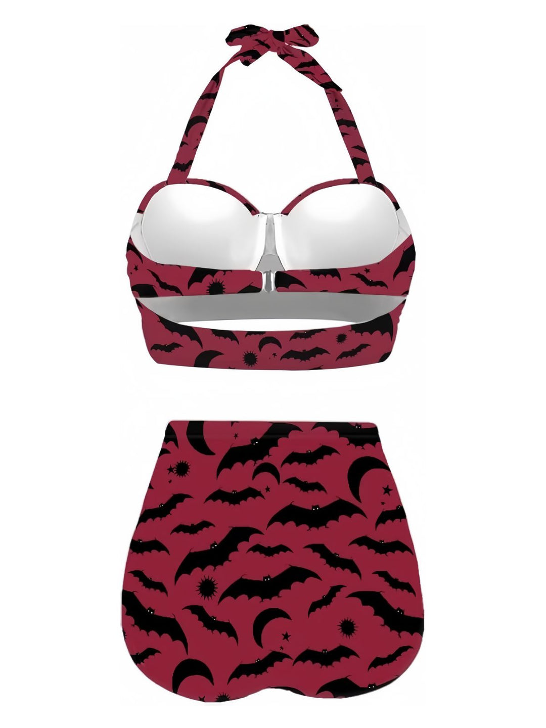 Wine Red 1950s Bat Print Lace-Up Halter Swimsuit: 1950s Riviera elegance, reimagined for her