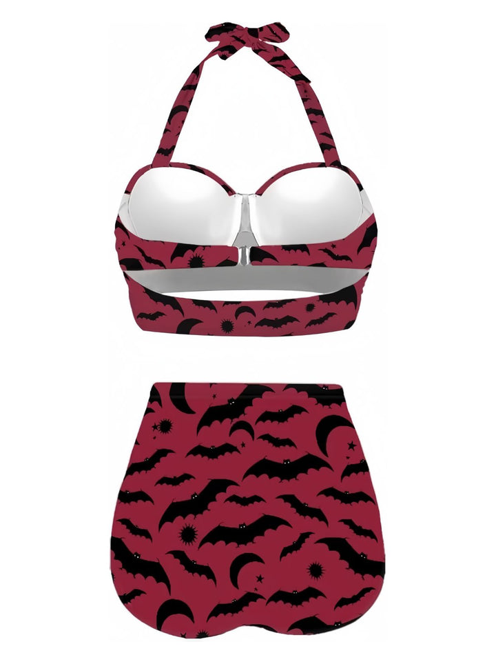 Wine Red 1950s Bat Print Lace-Up Halter Swimsuit: 1950s Riviera elegance, reimagined for her