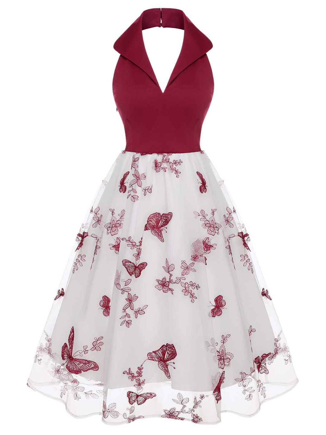 Wine Red 1950s Butterfly Lapel Mesh Dress — vintage elegance for the modern woman